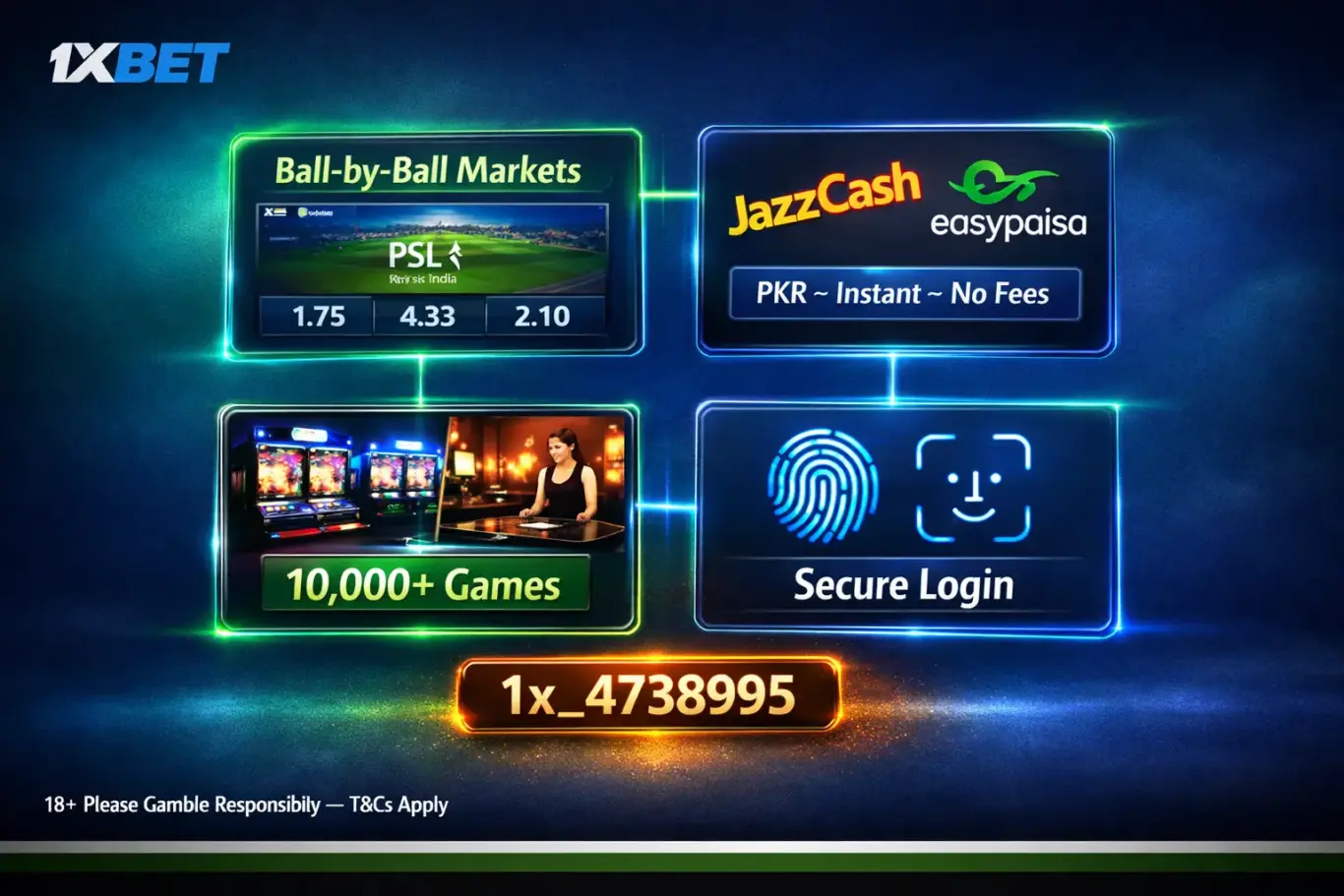 1xBet Pakistan app features - cricket PSL betting, JazzCash deposits, 10,000 plus casino games and biometric login