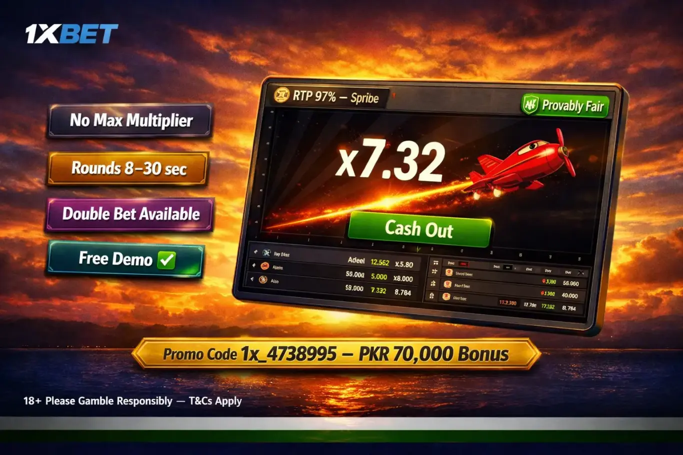 Aviator game 1xBet Pakistan 2026 - Spribe crash game RTP 97%, no max multiplier, double bet feature and free demo mode