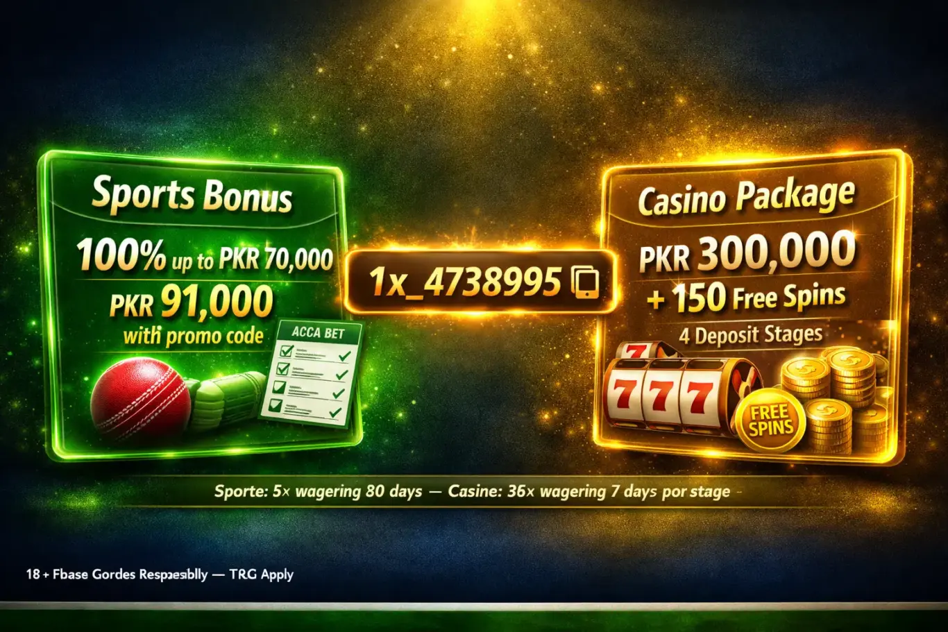 1xBet bonus Pakistan 2026 - sports PKR 70,000 or casino PKR 300,000 plus 150 FS with promo code 1x_4738995