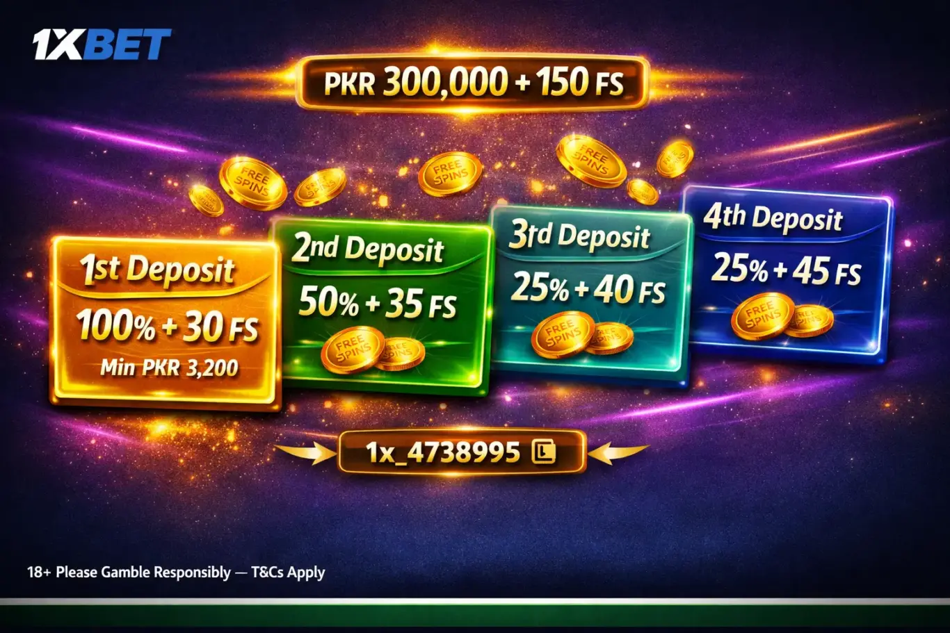 1xBet Pakistan casino bonus 4 deposit stages - PKR 300,000 plus 150 FS with min PKR 3,200 per deposit and 35x wagering