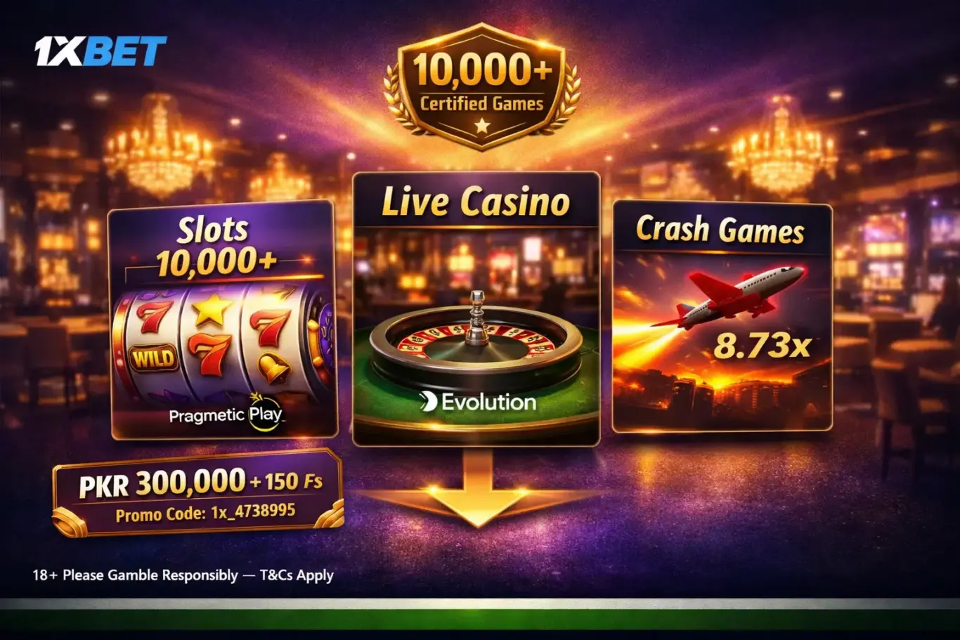 1xBet Casino Pakistan 2026 - 10,000 plus games, Evolution live dealer, Aviator crash game and PKR 300,000 plus 150 FS welcome bonus