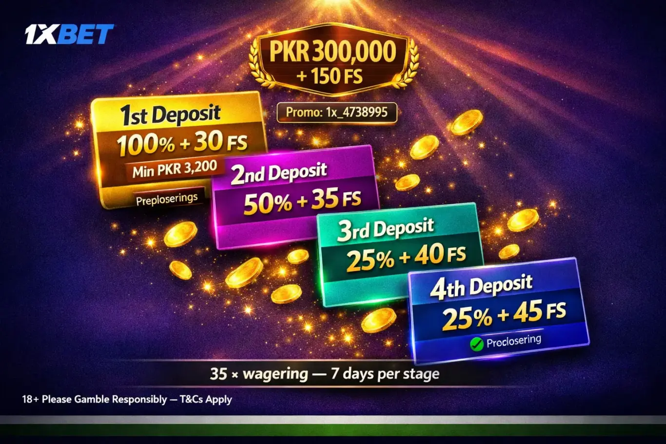 1xBet Casino Pakistan welcome package - 4 deposit stages PKR 300,000 plus 150 FS with promo code 1x_4738995 and 35x wagering