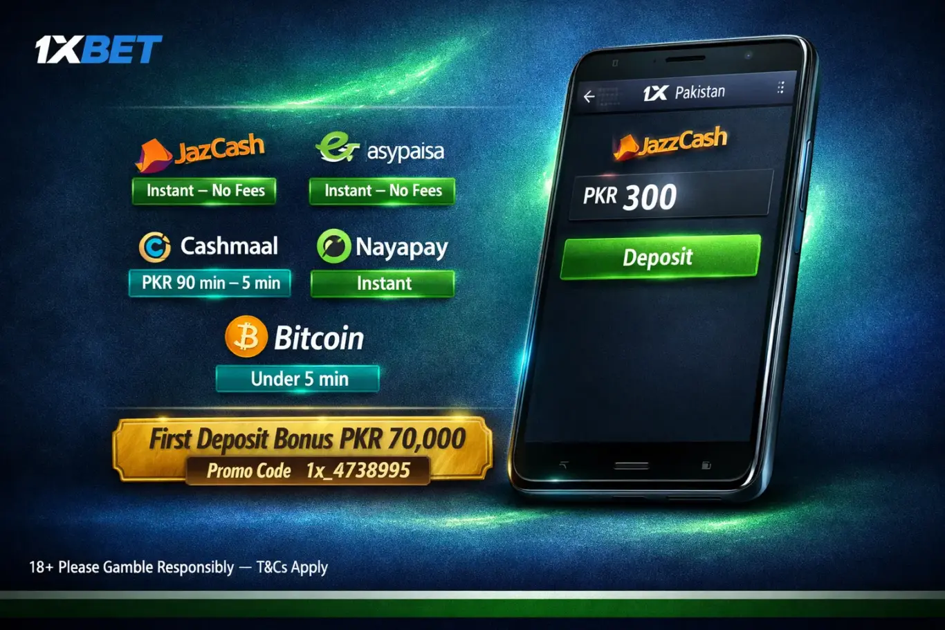 1xBet deposit Pakistan 2026 - fund account via JazzCash or Easypaisa from PKR 90 instantly with no platform fees