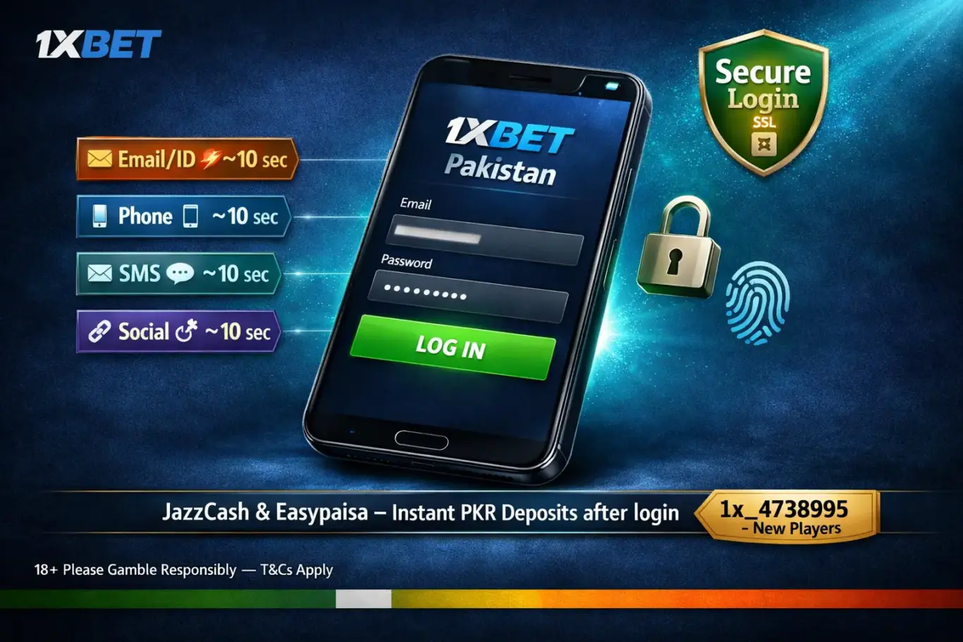 1xBet login Pakistan 2026 - sign in via email, phone, SMS or social media in under 10 seconds with biometric app access