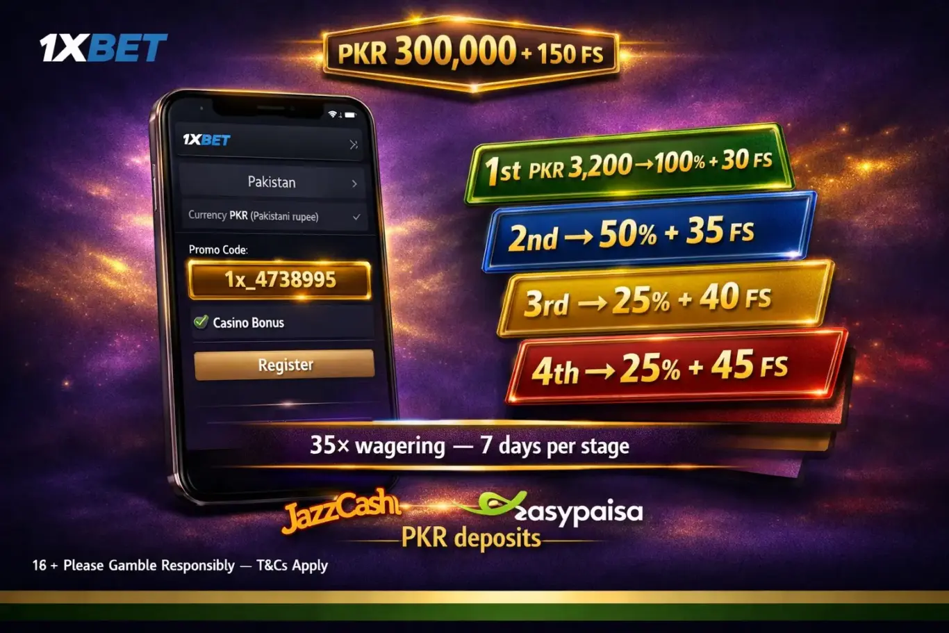 1xBet Plinko Pakistan casino bonus - PKR 300,000 plus 150 FS with promo code 1x_4738995 min deposit PKR 3,200 per stage