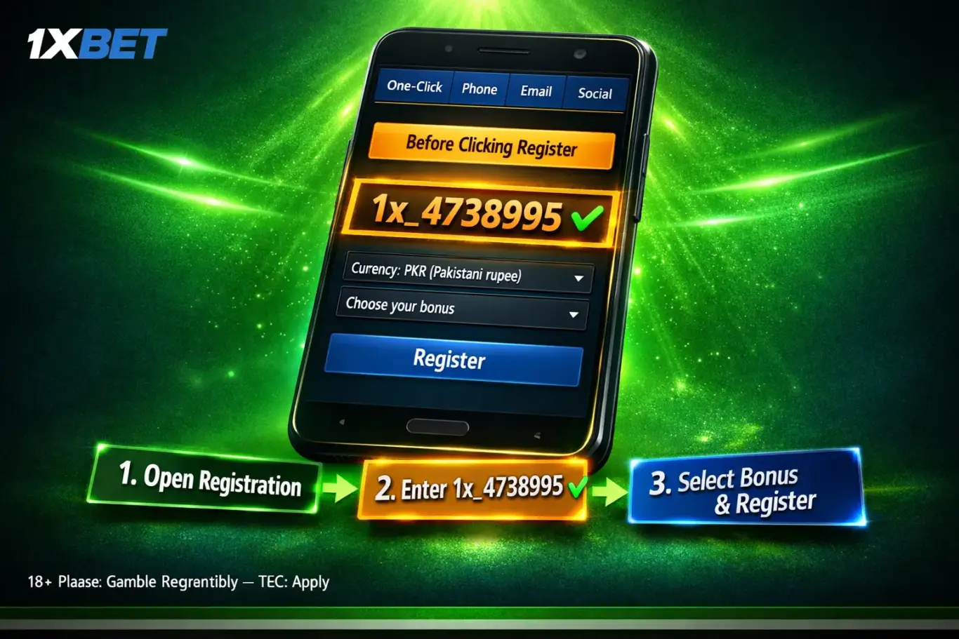 1xBet Pakistan promo code entry guide - enter 1x_4738995 in registration form promo field before clicking register button
