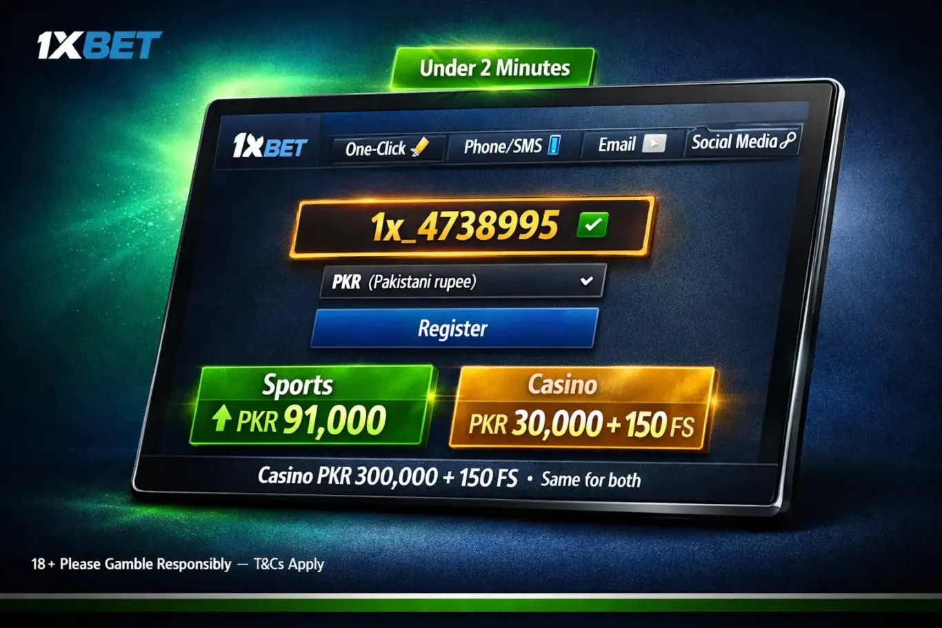 1xBet Pakistan registration 2026 - sign up in under 2 minutes via one-click, phone, email or social media with promo code 1x_4738995