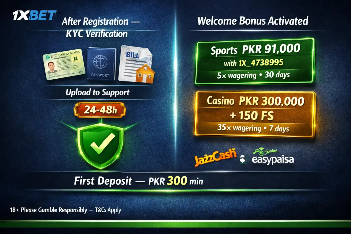 1xBet Pakistan registration KYC verification and welcome bonus - sports PKR 91,000 or casino PKR 300,000 with promo code 1x_4738995