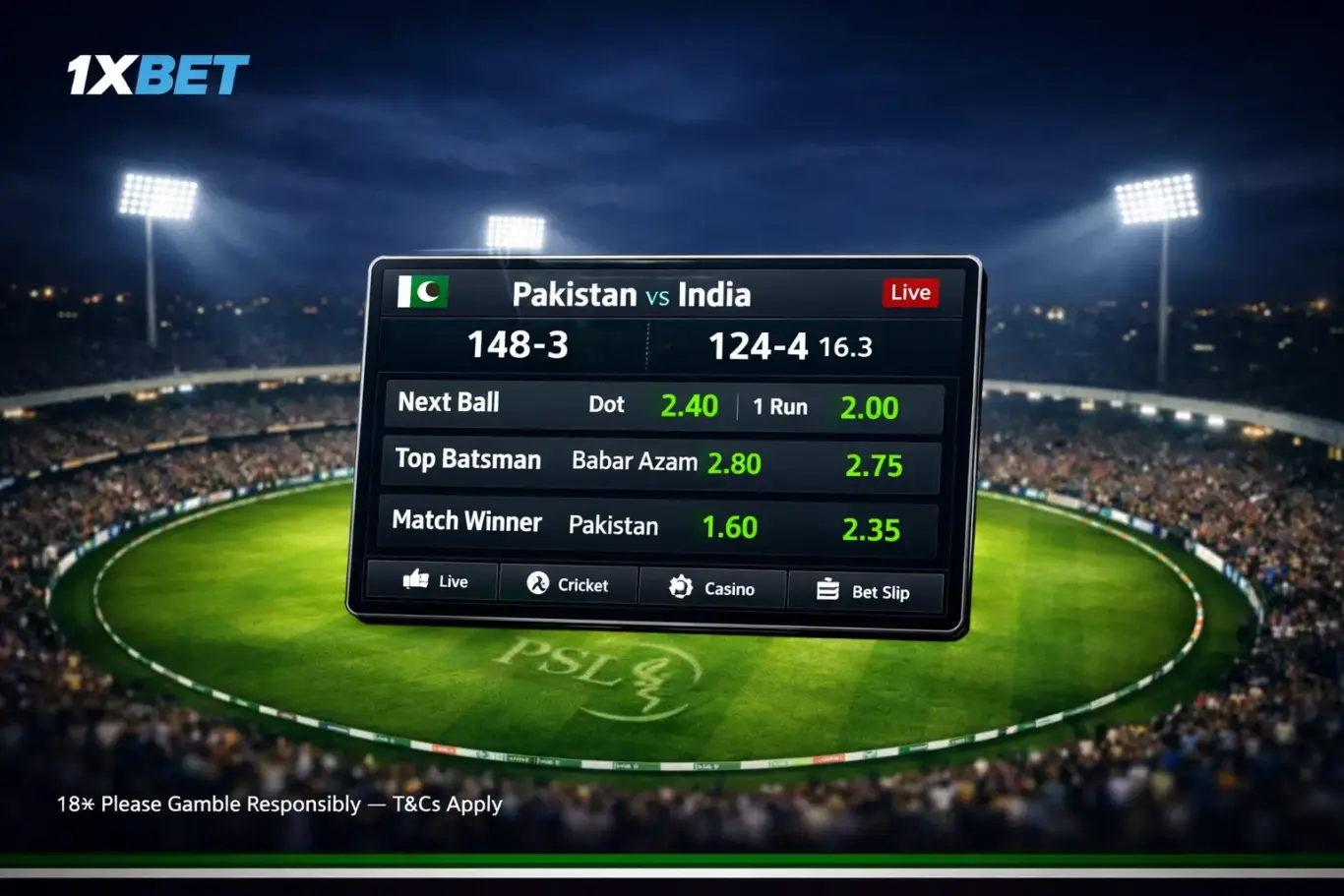1xBet Pakistan cricket betting 2026 - PSL, ICC tournaments and live ball-by-ball markets on official site